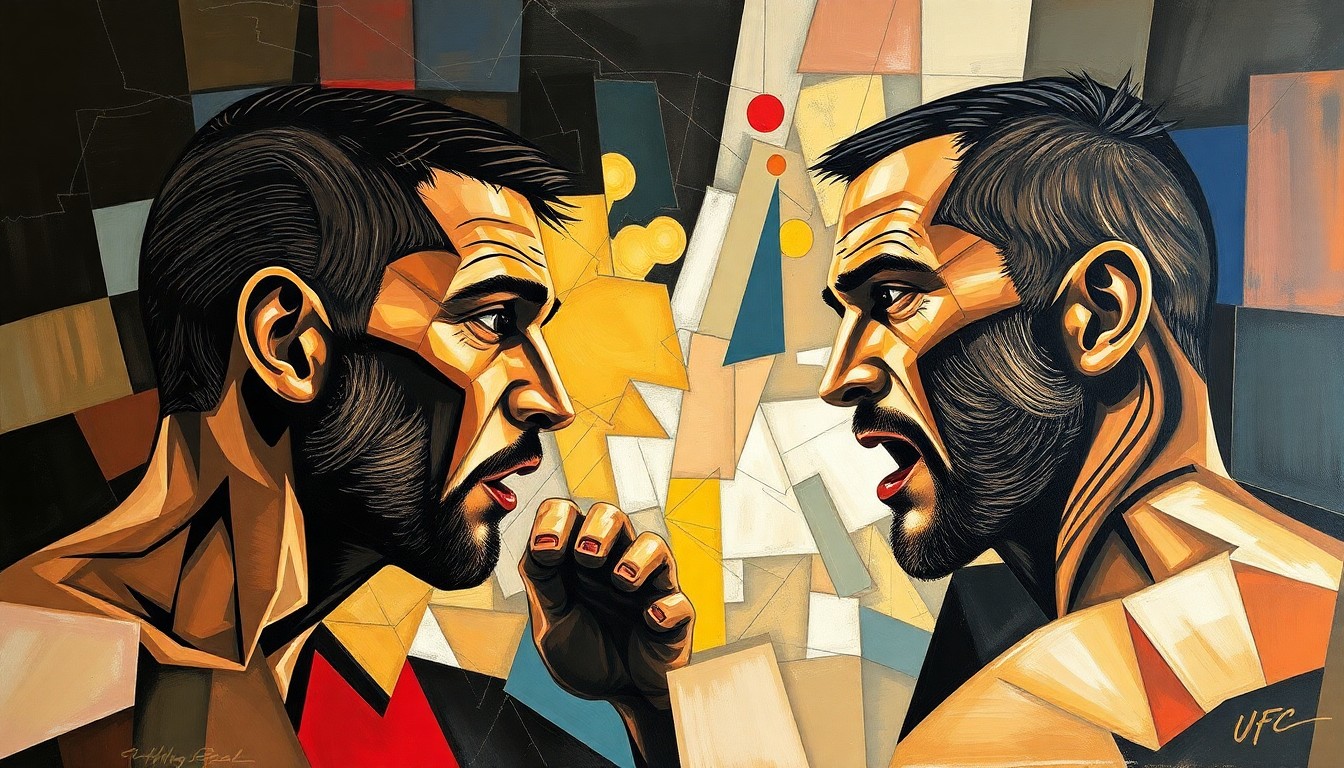 A cubist, geometric painting depicting the silhouettes of two UFC fighters in mid-action, their forms fractured and abstracted into sharp, overlapping planes of color.