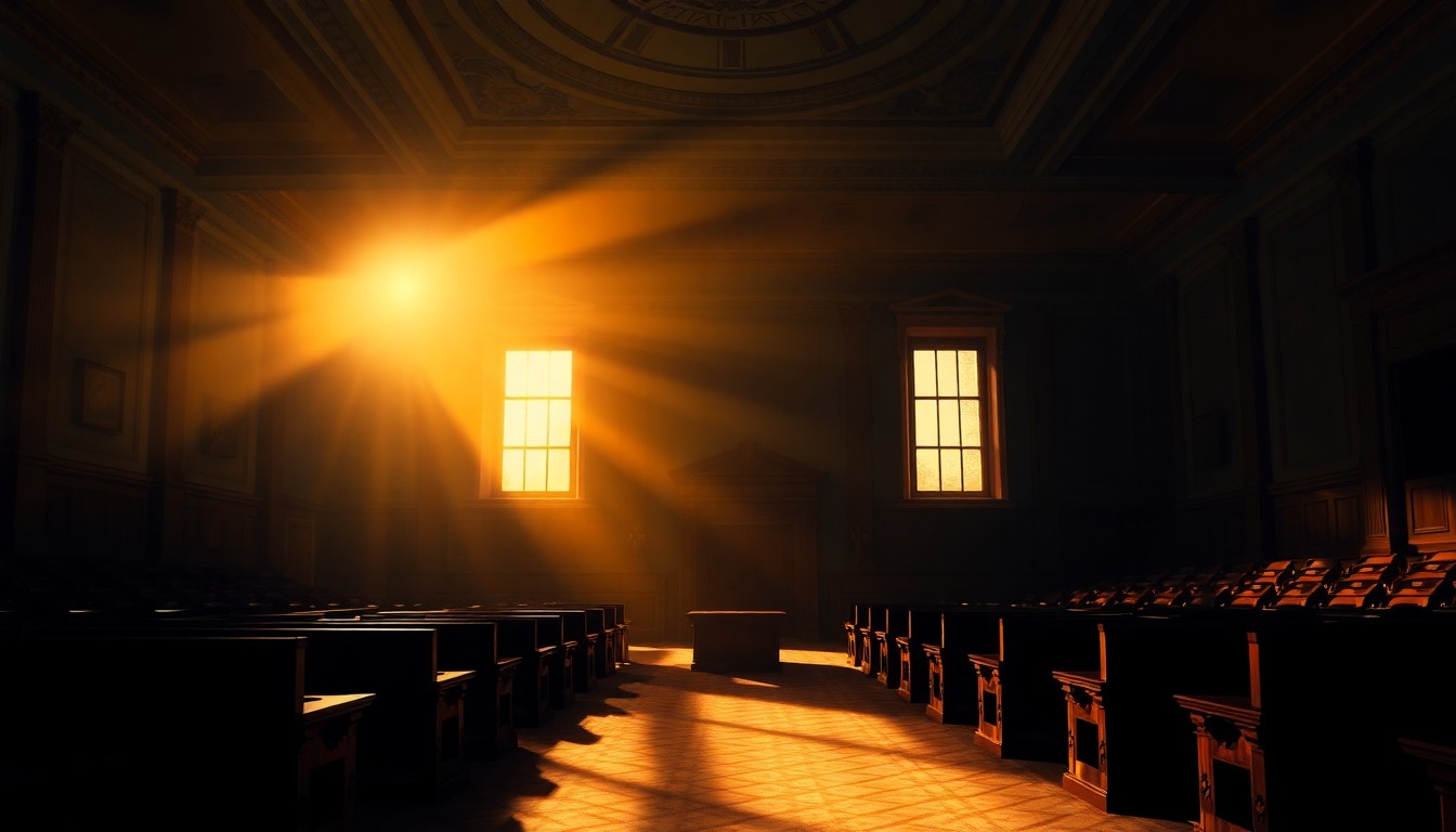 A quiet, cinematic painting of an empty government office or legislative chamber, with warm sunlight streaming through the windows and deep shadows cast across the room, creating a contemplative and melancholic mood.