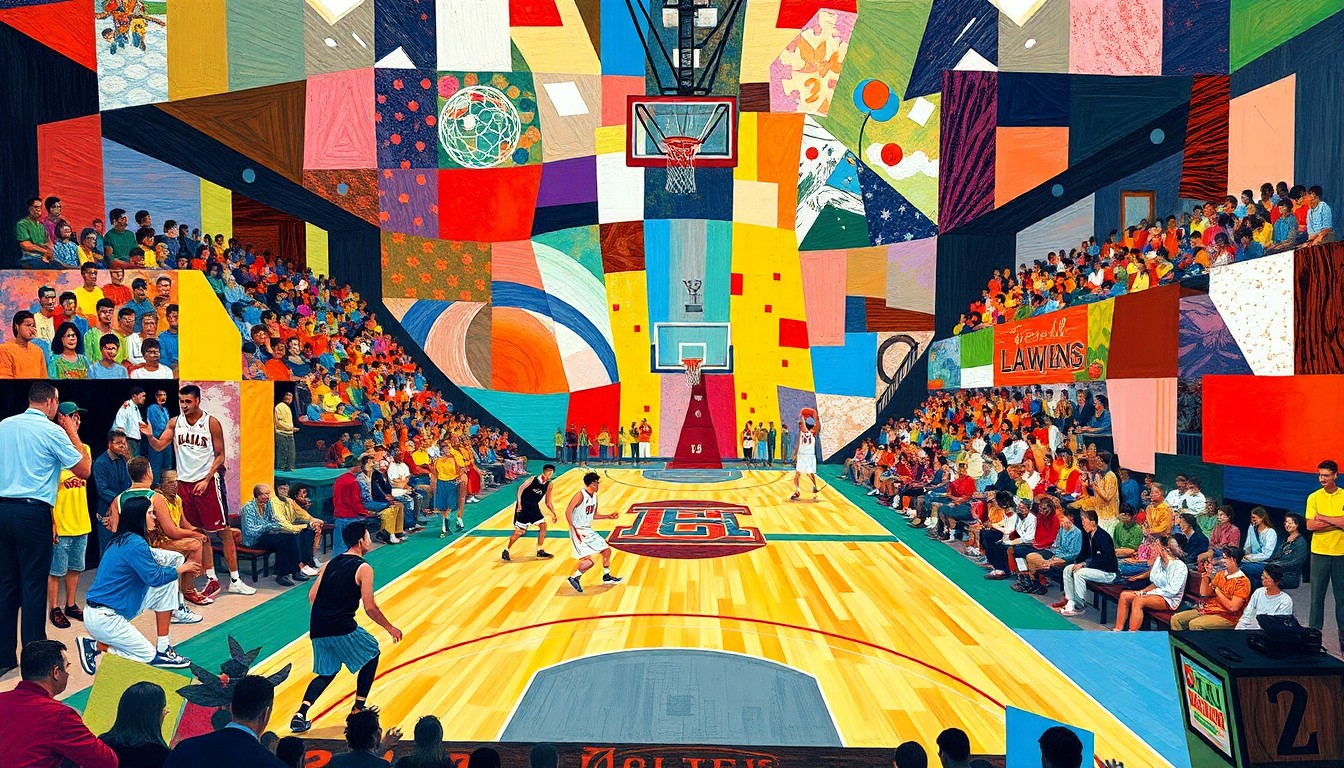 A fragmented, cubist-style painting depicting the dynamic action and energy of a high school basketball game, with sharp geometric shapes and vibrant colors representing the players, court, and crowd.