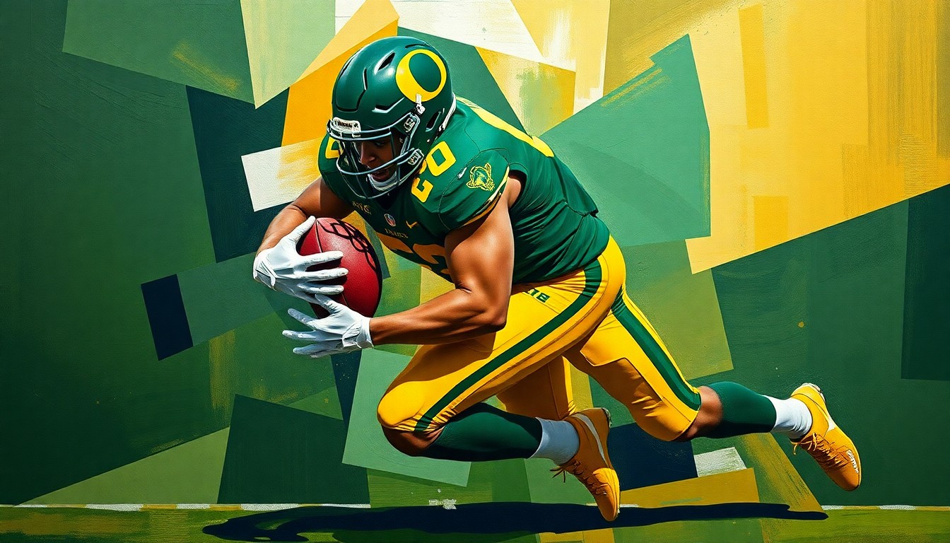A fractured, cubist-style painting depicting a safety player making a tackle, with sharp geometric shapes and planes in the colors of the Oregon Ducks football team.