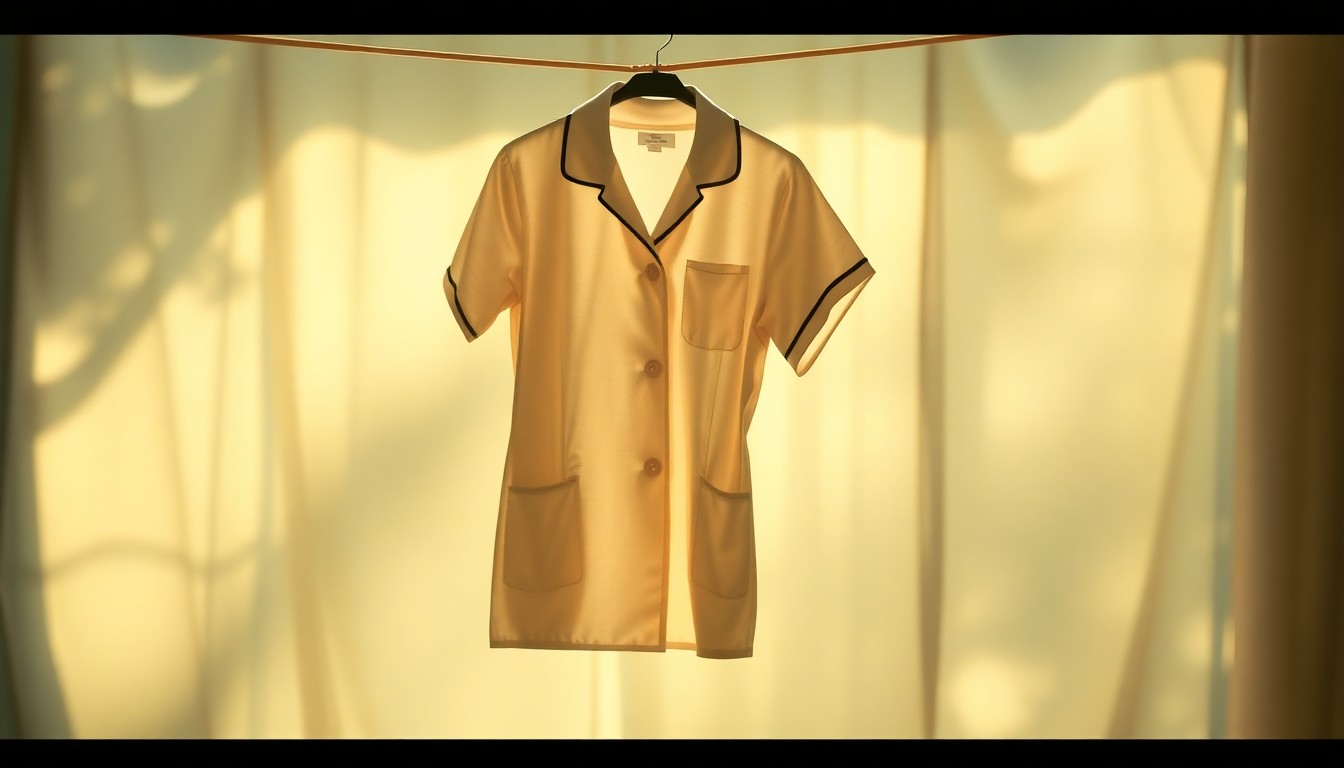 An extremely abstracted, out-of-focus photograph of a nurse's uniform hanging on a clothesline, with soft pools of warm color and light creating a dreamlike, nostalgic atmosphere.