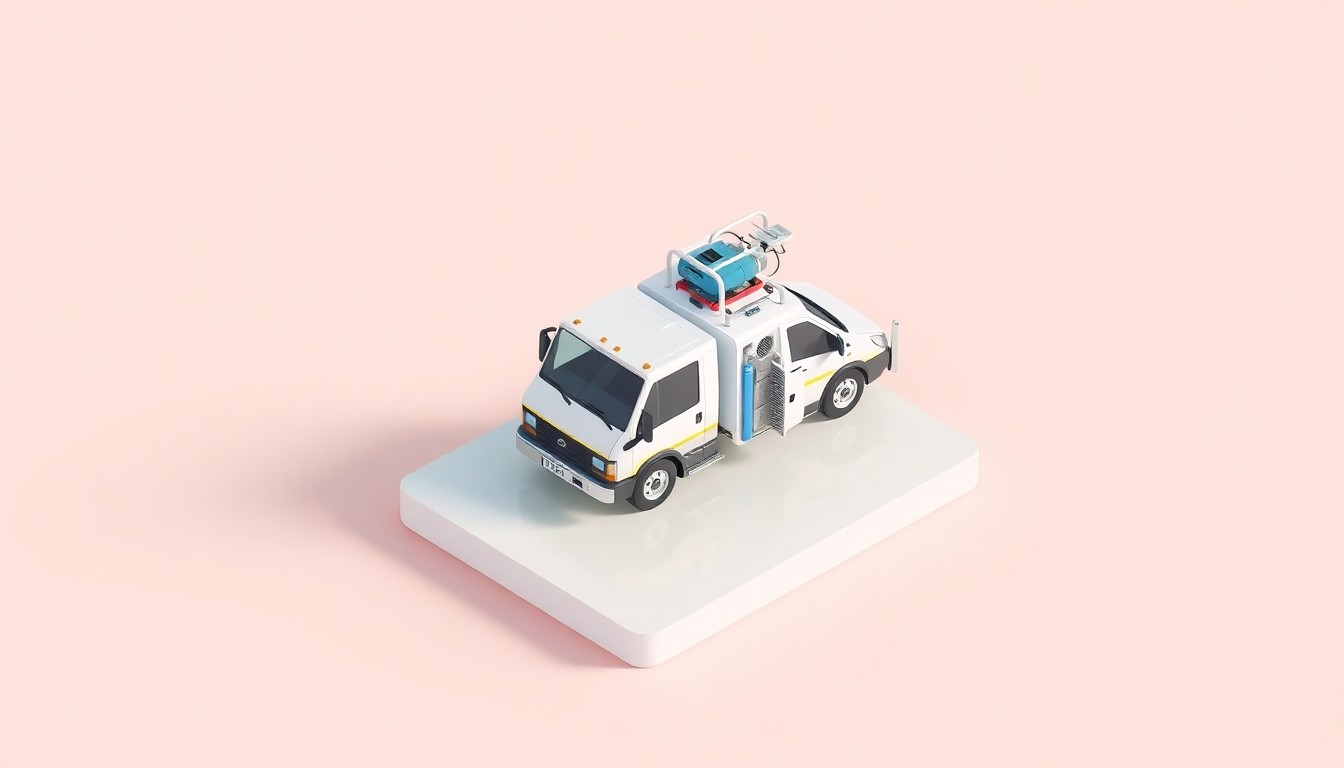 A miniature, stylized power washing truck and equipment floating on a pastel background, representing the company's professional exterior cleaning services in a clean, modern, and editorial way.