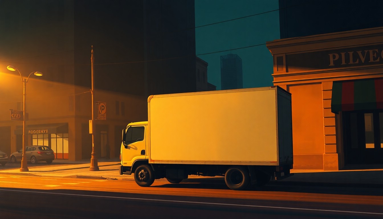 A photorealistic oil painting depicting a commercial truck parked on a city street, with warm sunlight and deep shadows creating a contemplative, cinematic mood that reflects the complex political issues surrounding immigrant licensing.