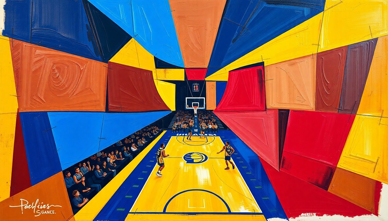 A fractured, multi-perspective painting in bold, vibrant colors depicting a Pacers basketball game broken down into sharp, overlapping geometric shapes and planes, capturing the team's season of rebuilding and player growth.