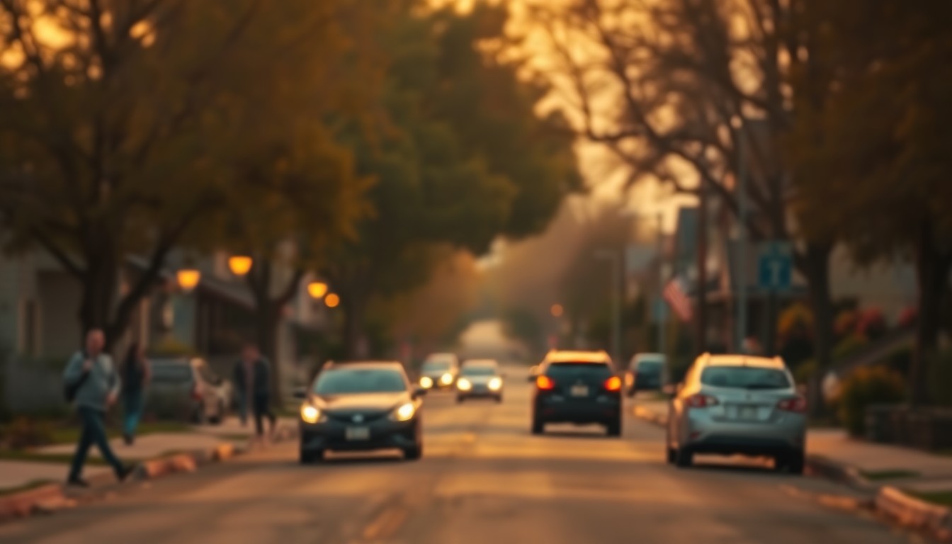 An abstract, out-of-focus photograph in warm, hazy tones depicting a residential street in Redding, California, with blurred silhouettes of people and cars passing by, conveying a sense of community and tranquility.