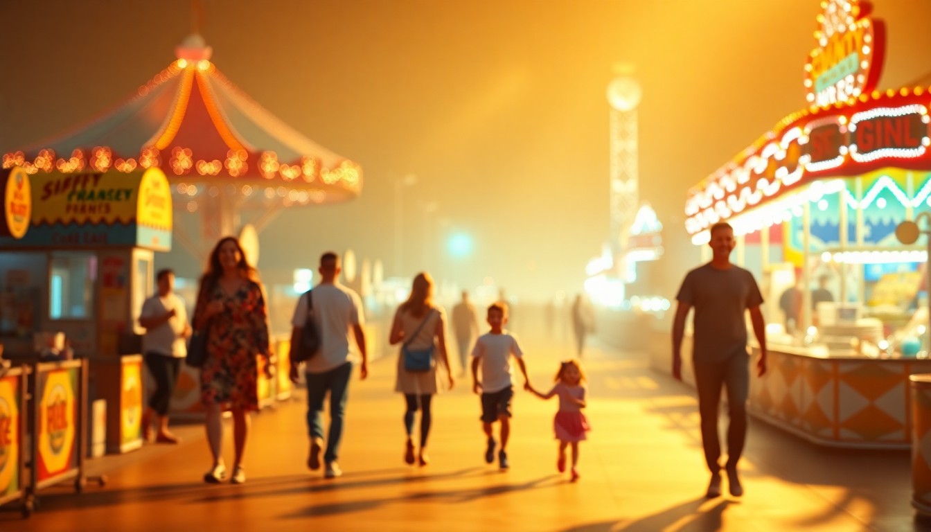An abstract, impressionistic photograph of a family strolling through a county fair, with blurred figures and vibrant splashes of color creating a serene, calming mood.