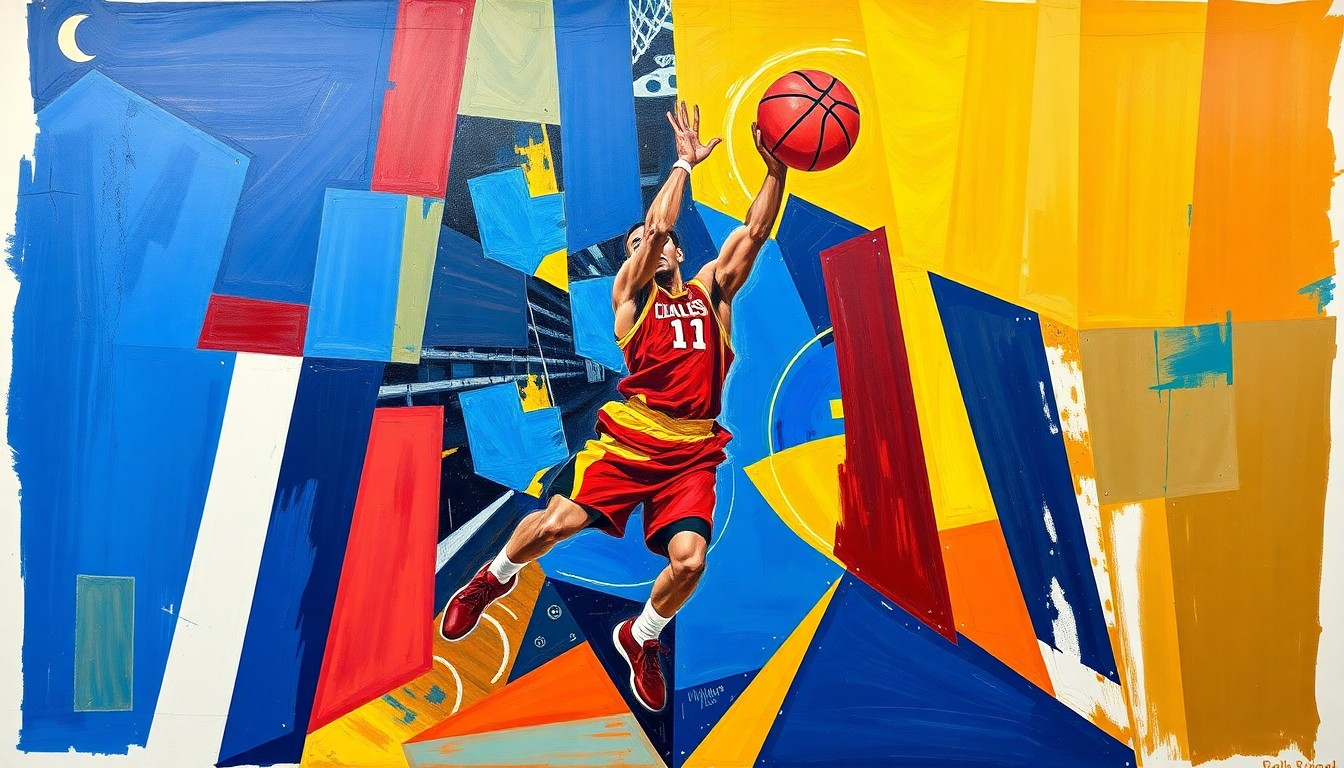 A cubist, geometric painting depicting a basketball player in motion, with the figure broken down into sharp, overlapping planes of vivid blue, red, and yellow hues.