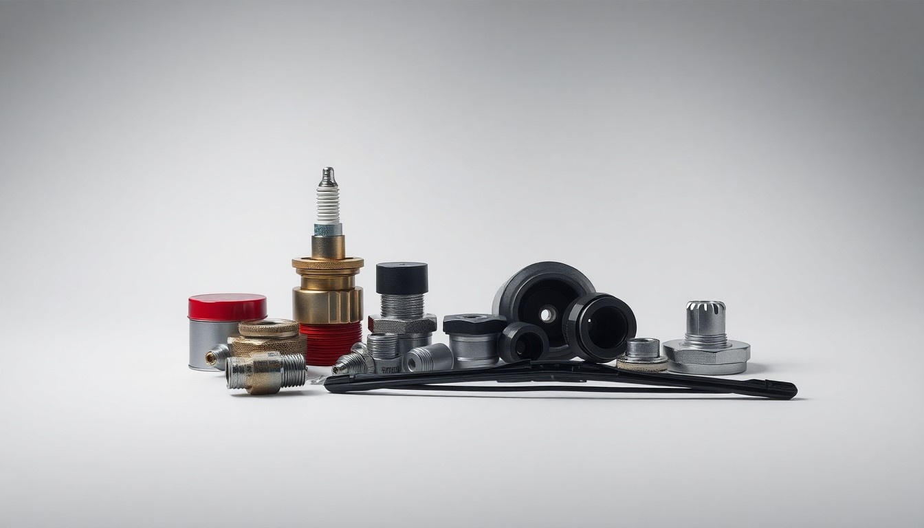 A high-end, photorealistic studio still-life photograph featuring a collection of premium auto parts components, including a spark plug, wiper blade, and other conceptual elements, arranged elegantly on a clean, monochromatic seamless background using dramatic studio lighting to symbolize the strategic importance of this transaction.