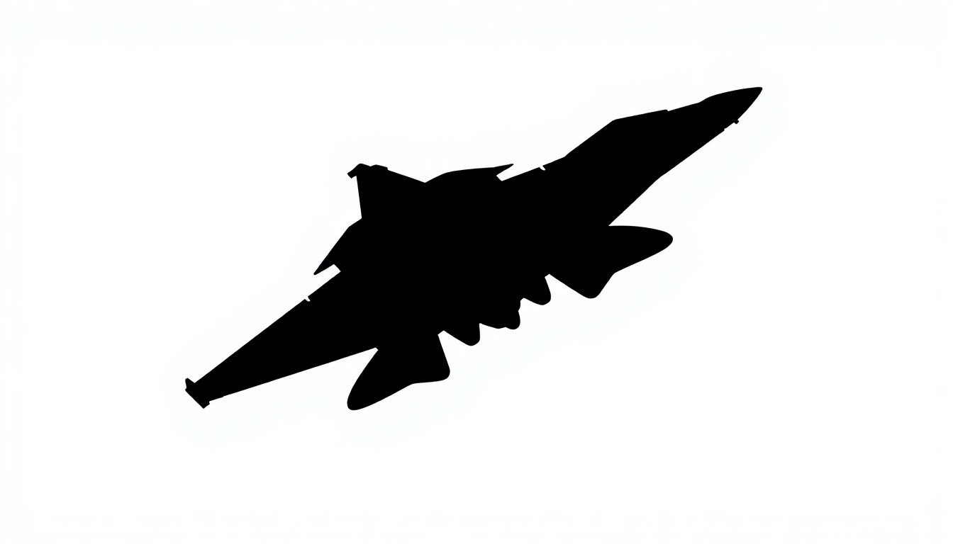 A dramatic black and white silhouette of a fighter jet, with the angular wings and tail forming an abstract, geometric composition that conceptually represents the high-octane action and aerial thrills of the 'Top Gun' movies.