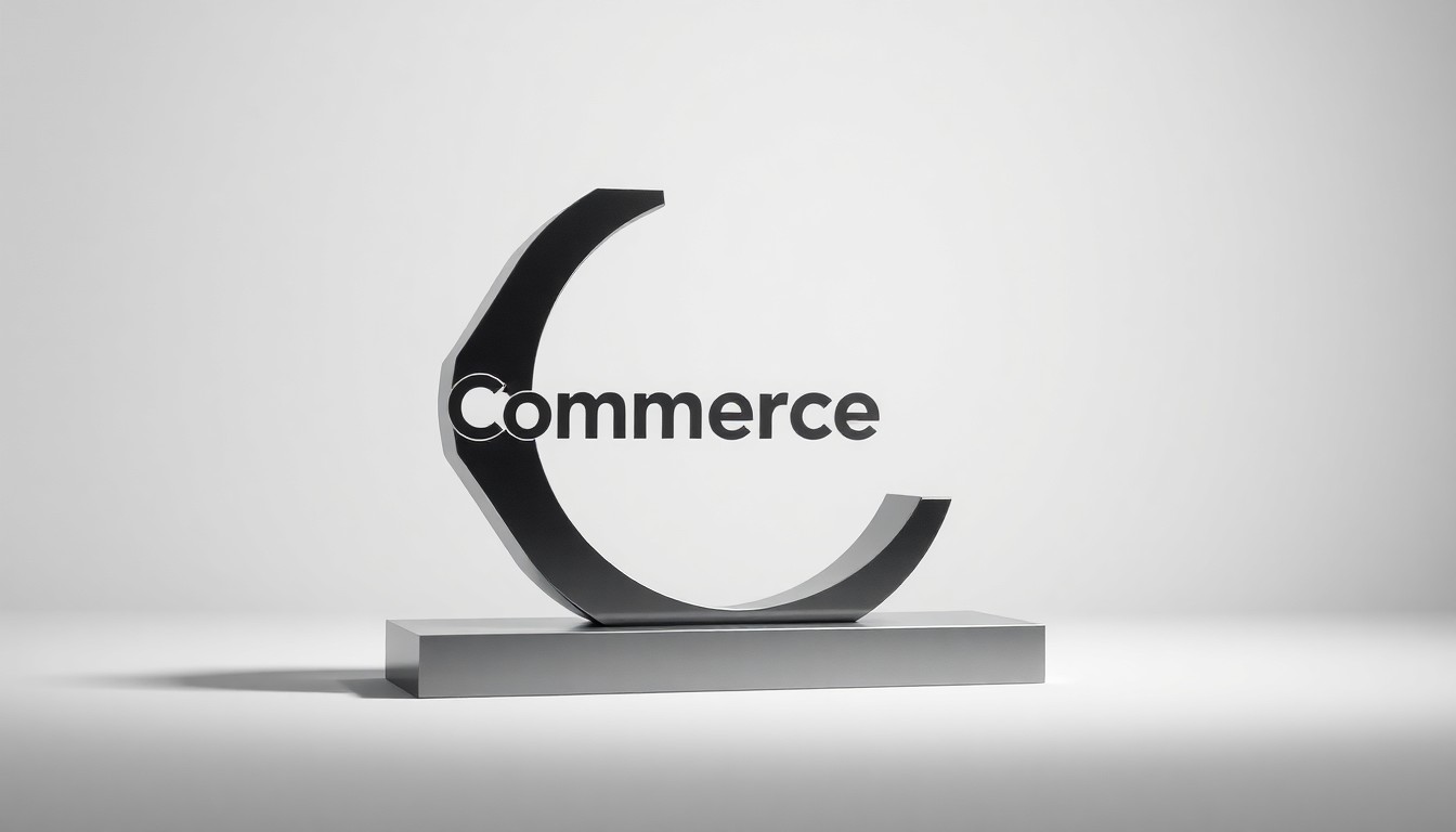 A high-end, photorealistic studio still-life photograph featuring a polished, geometric metal sculpture in the shape of the Commerce.com logo, set against a clean, monochromatic background and dramatically lit to represent the company's innovative, data-driven approach to powering digital commerce.