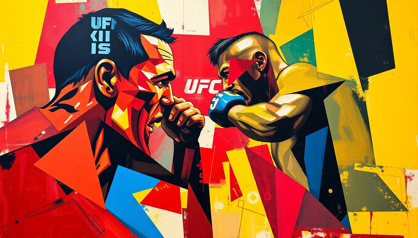 A fragmented, geometric painting depicting the chaotic energy and competitive nature of a UFC match, with sharp, overlapping planes of color representing the complex financial and political factors behind the Paramount-UFC media rights deal.
