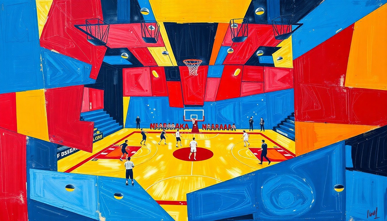A cubist, geometric illustration depicting a volleyball match between Creighton and Nebraska, with the players and court broken down into sharp, overlapping planes of vibrant blue, red, and gold colors.