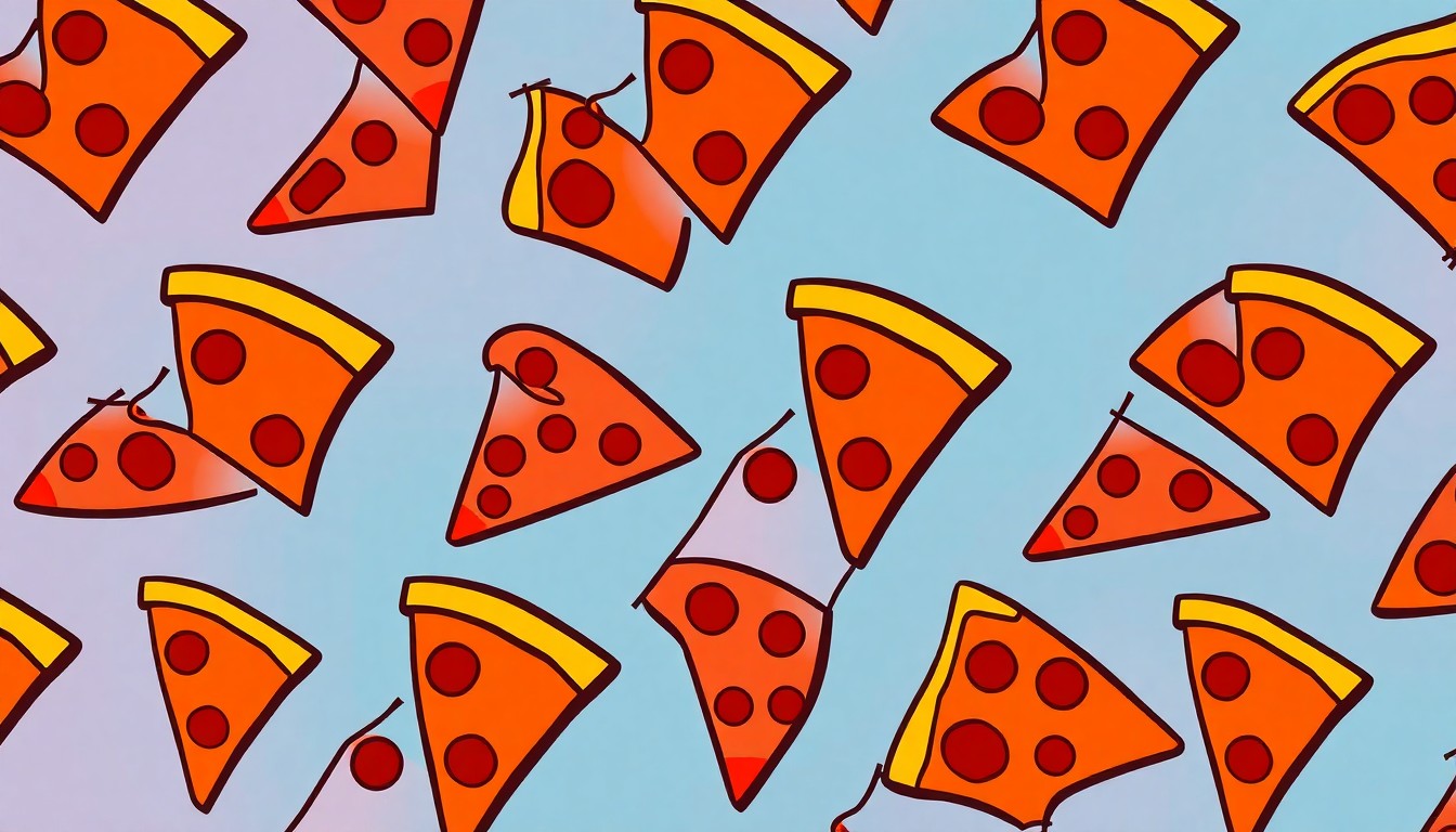 A bold, colorful silkscreen-style illustration featuring a repeating pattern of a single pizza slice in vibrant shades of red, orange, and yellow, creating a modern pop art effect.