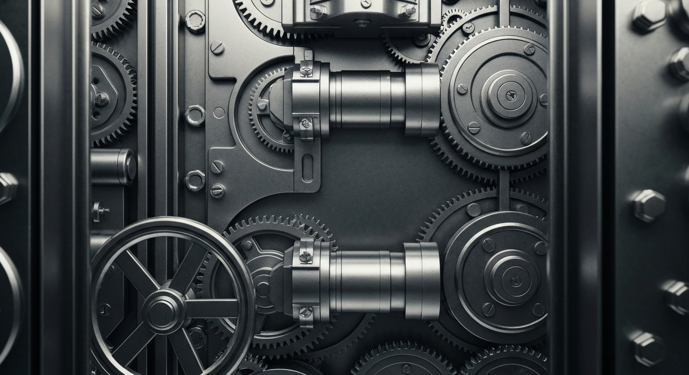 An extreme close-up of the intricate inner mechanisms of a bank vault, with polished metal gears, locks, and other components filling the frame, conveying a sense of security and the tangible power of financial institutions.