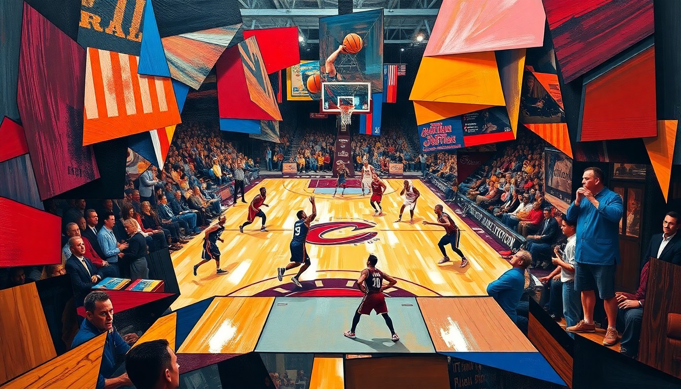A fragmented, geometric painting depicting a basketball game between two teams, with the players and court distorted into sharp, overlapping shapes and planes, conveying the intense energy and competition of the playoff matchup.