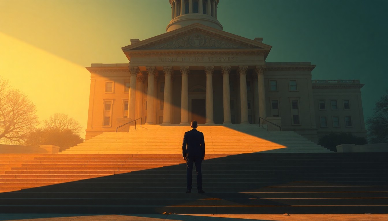 A solitary figure stands alone on the steps of a government building, the scene bathed in warm light and deep shadows, conveying a sense of quiet contemplation about the role of state politics in local communities.