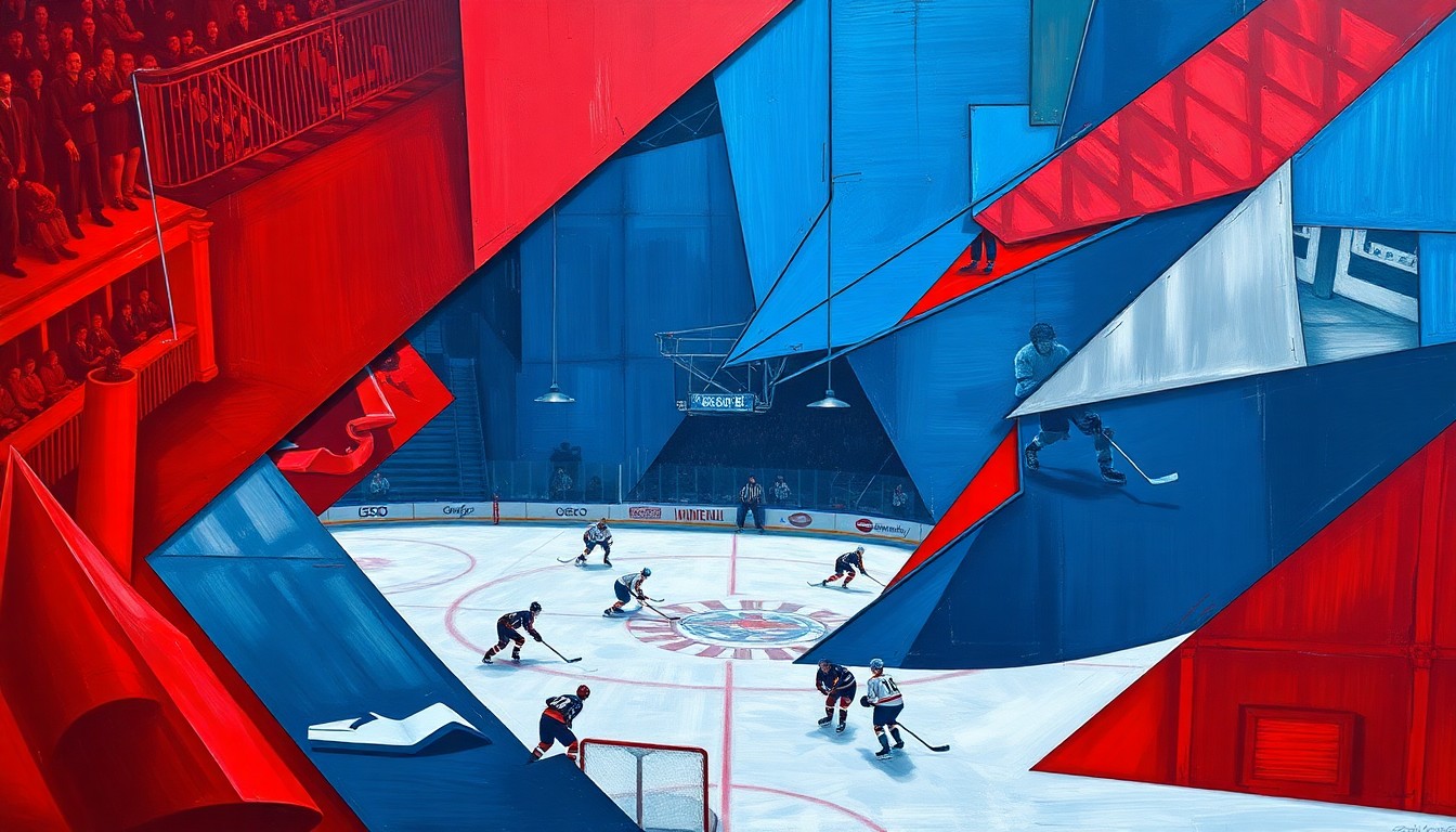 A fragmented, cubist-style painting depicting a hockey game or match, with sharp geometric shapes in navy, crimson, and silver representing the intensity and energy of the sport.