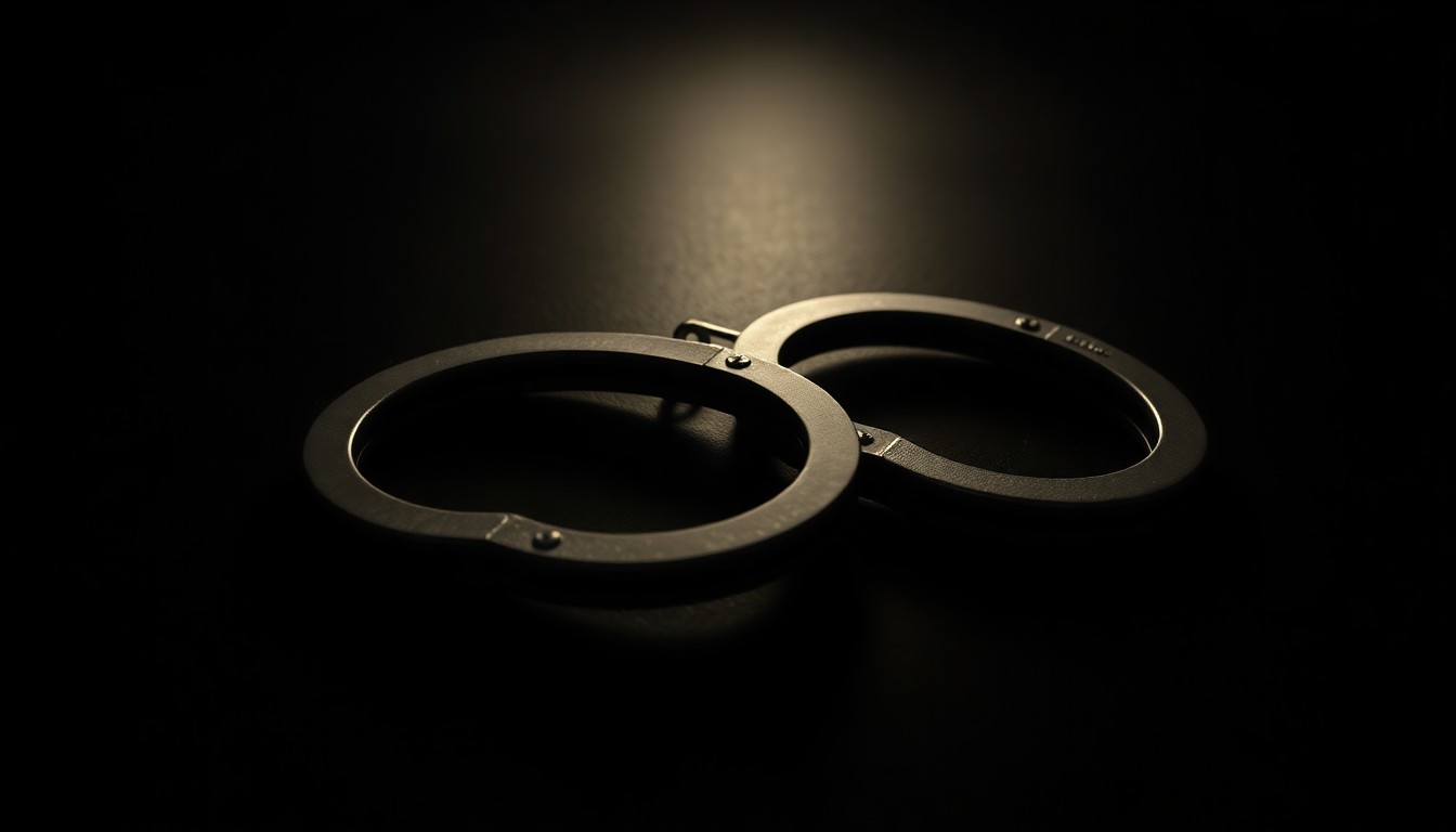 An extreme close-up photograph of a pair of handcuffs lying on a dark surface, lit by a harsh, direct camera flash, conceptually illustrating the serious nature of the felony assault charges against the ICE agent.