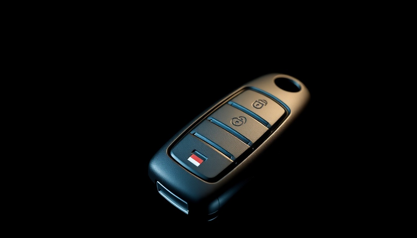 An extreme close-up photograph of a car key fob against a stark black background, the metal and plastic surfaces dramatically illuminated by a harsh, direct camera flash, conceptually representing the threat of illegal street racing and the need for strict enforcement.