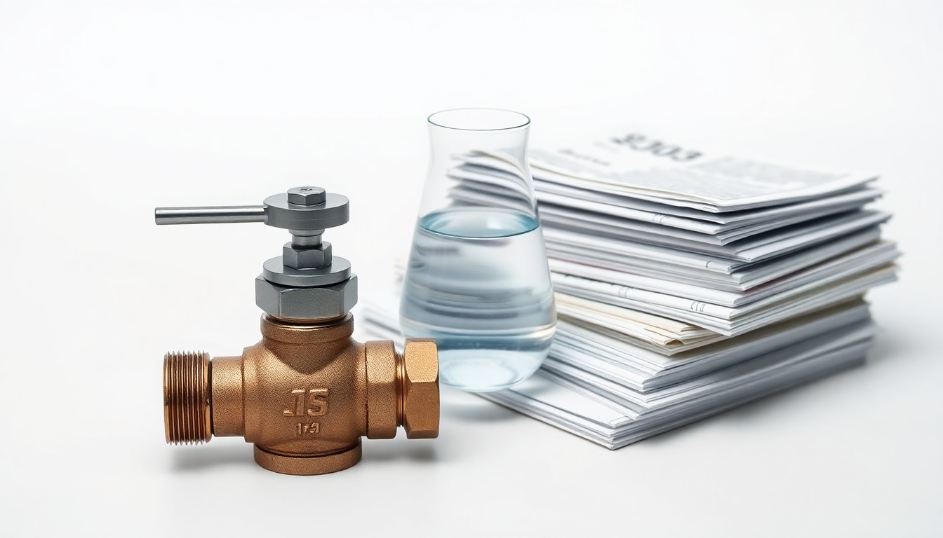 A photorealistic studio still-life image featuring a polished metal water valve, a glass beaker filled with clear water, and a stack of financial documents, symbolizing the intersection of water infrastructure, financial performance, and corporate governance.