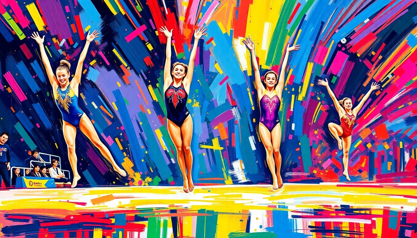 A dynamic, colorful painting depicting the fluid, explosive movements of gymnasts performing on various apparatuses, with their bodies and equipment blending into a vibrant, abstract composition.