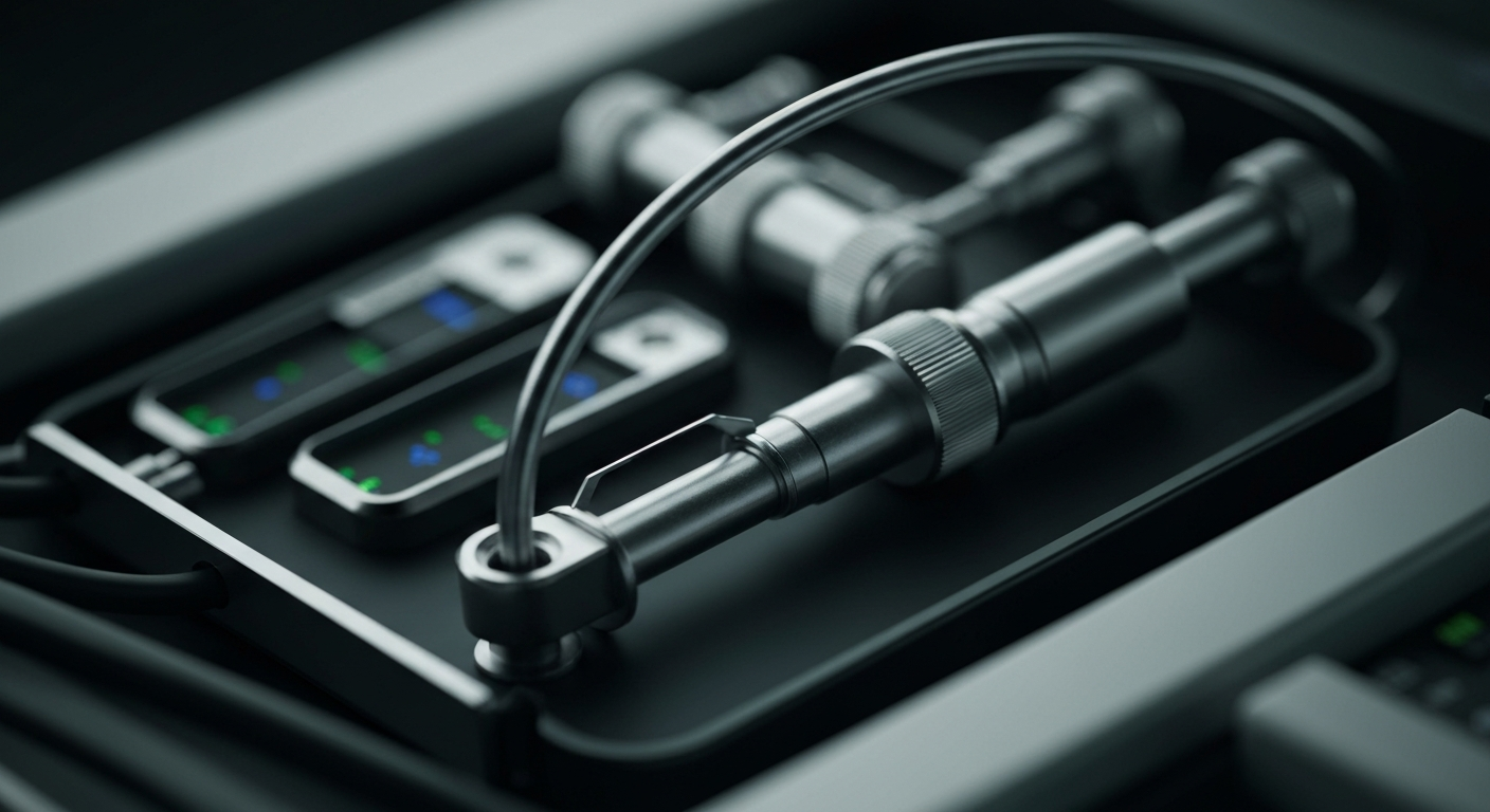 An extreme close-up of intricate, metallic medical monitoring equipment and sensors, conveying the advanced technology and precision of iRhythm's digital health solutions.