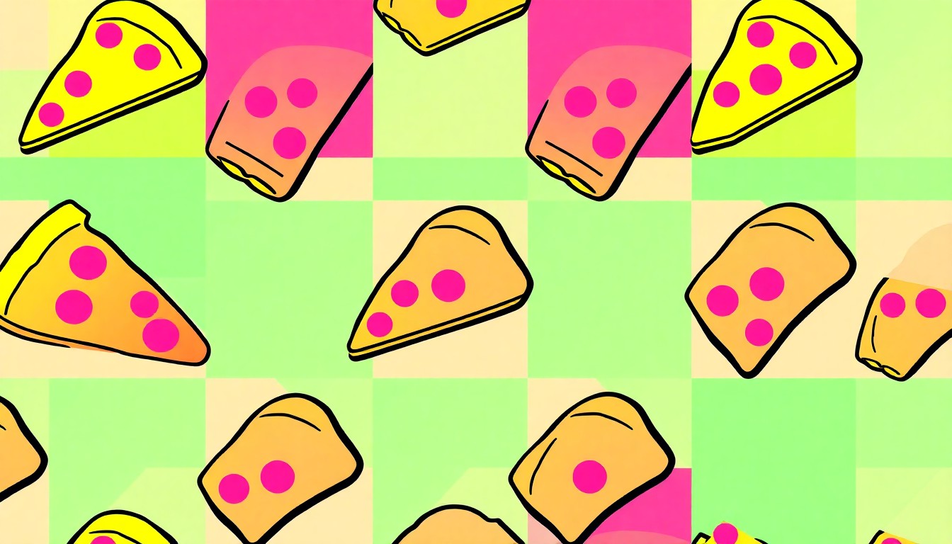 A brightly colored, high-contrast silkscreen print of an iconic Jersey Shore food item, such as a slice of pizza or an ice cream cone, repeated in a tight grid pattern to capture the vibrant, pop art energy of the new restaurant opening in Seaside Heights.