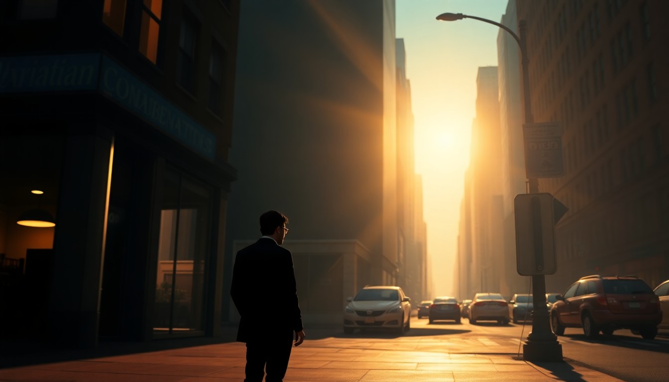 A pensive, solitary figure stands on a quiet New York City street corner, the scene rendered in a cinematic, nostalgic style that evokes a sense of unease and uncertainty.