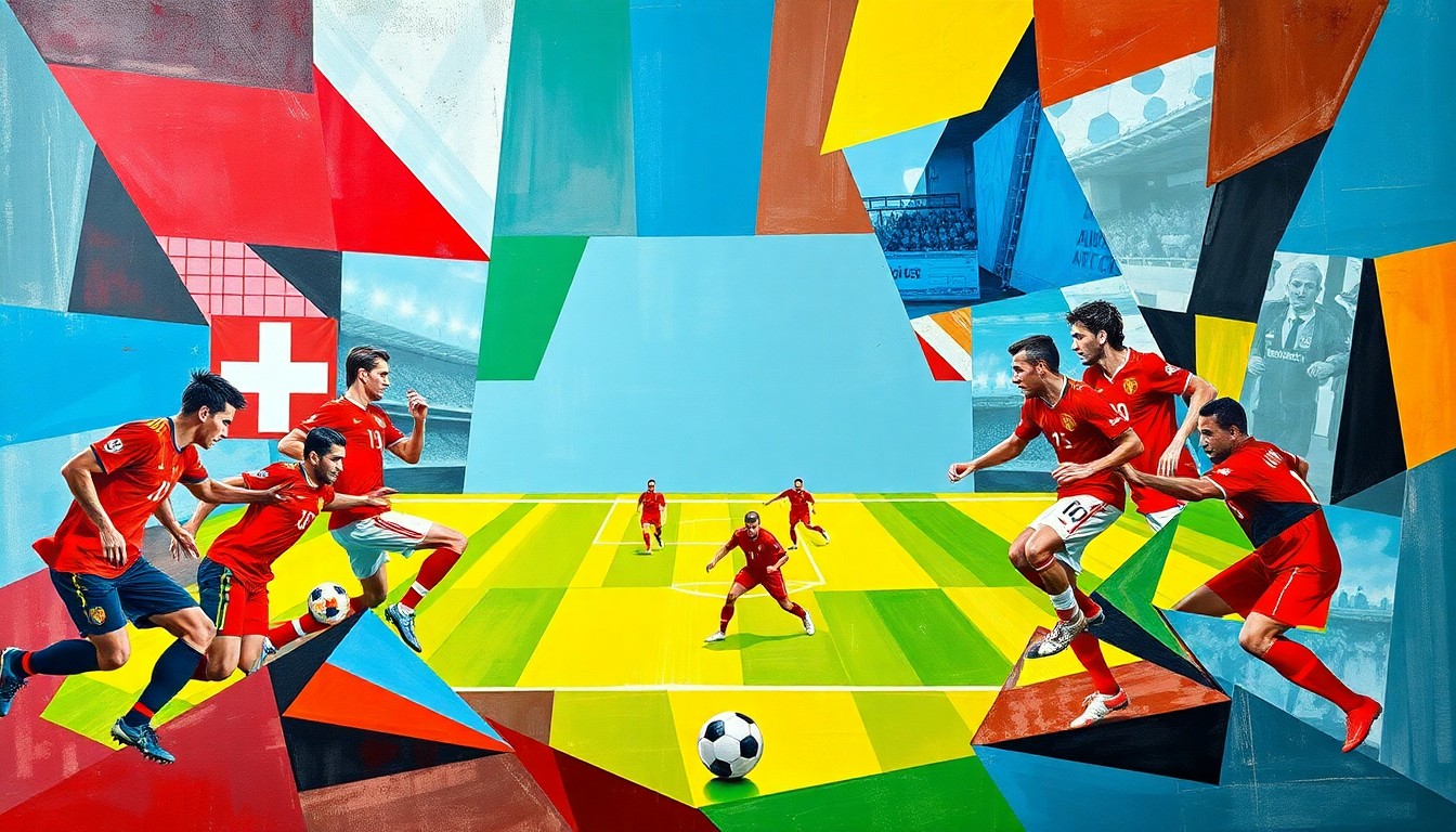 A cubist, geometric painting depicting the abstracted forms of soccer players from the Swiss and Australian national teams engaged in a match, with their bodies and movements fractured into sharp, overlapping planes of color.