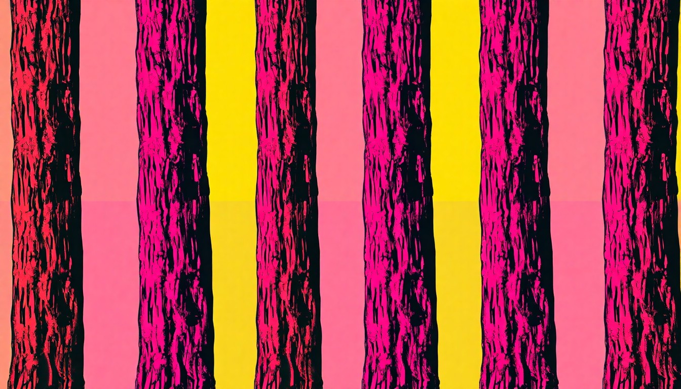 A brightly colored, high-contrast silkscreen print of a single, iconic tree trunk repeated in a tight grid pattern, in the style of Andy Warhol, conceptually representing the selective logging project in the North Beaver Creek Preserve.