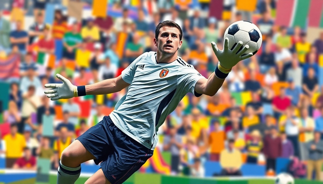 A cubist, geometric painting depicting a soccer goalkeeper in action, with the player's form abstracted into sharp, overlapping planes of vibrant colors representing the intensity and energy of the match.