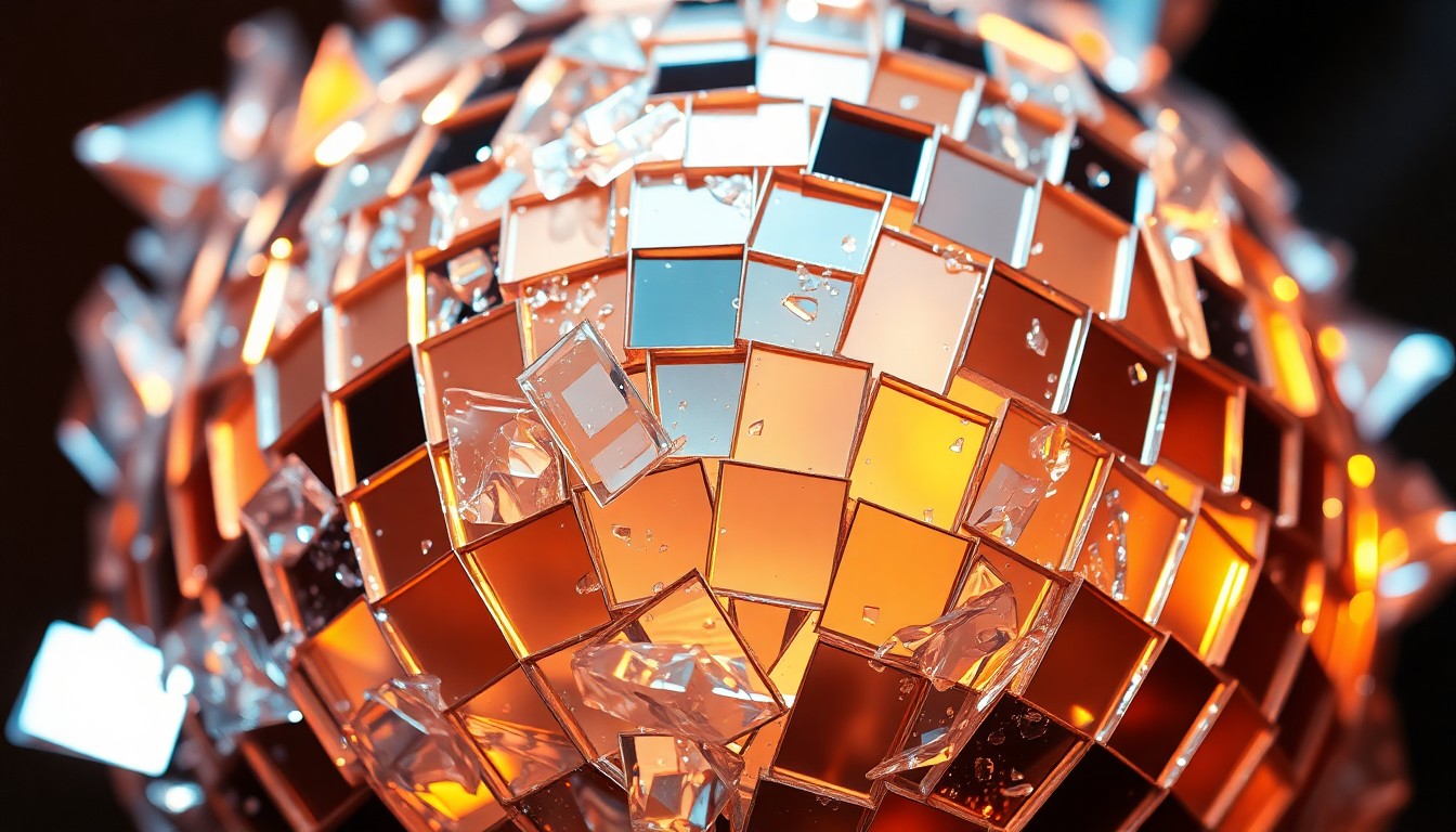 An extreme close-up abstract photograph of shattered glass fragments reflecting warm, dramatic lighting, conceptually representing the ups and downs of a long-running comedy franchise.