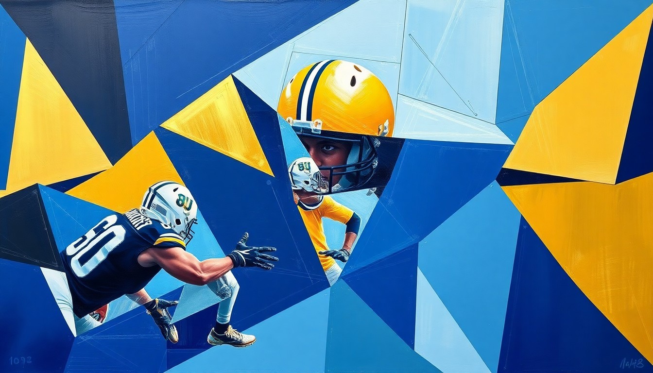 A cubist, geometric painting depicting a football player in motion, with their body and equipment fractured into overlapping planes of navy blue, powder blue, and gold, conveying the strategic complexity of the NFL draft process.