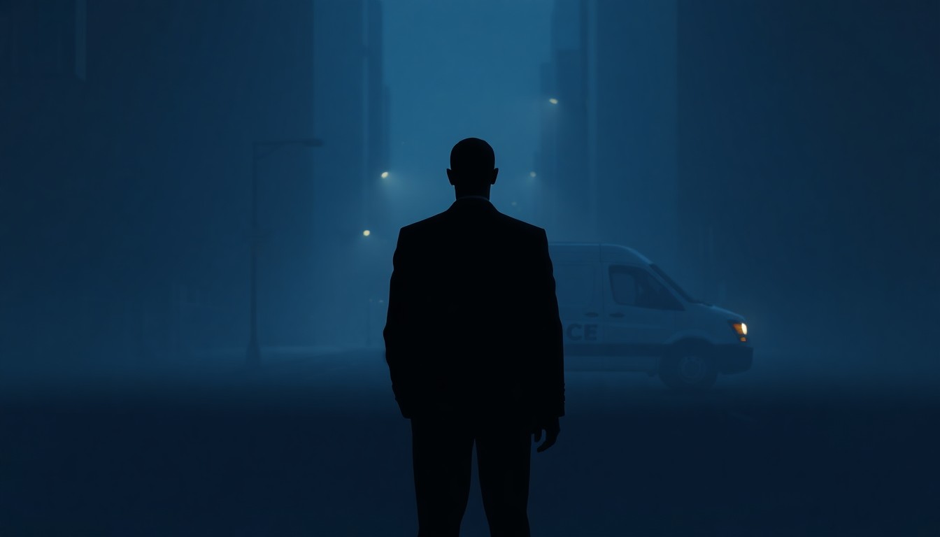 A cinematic, Hopper-esque painting of a lone figure in a dark suit standing on a shadowy city street, with the faint outline of an ICE vehicle in the background, conveying a sense of solitude and unease.