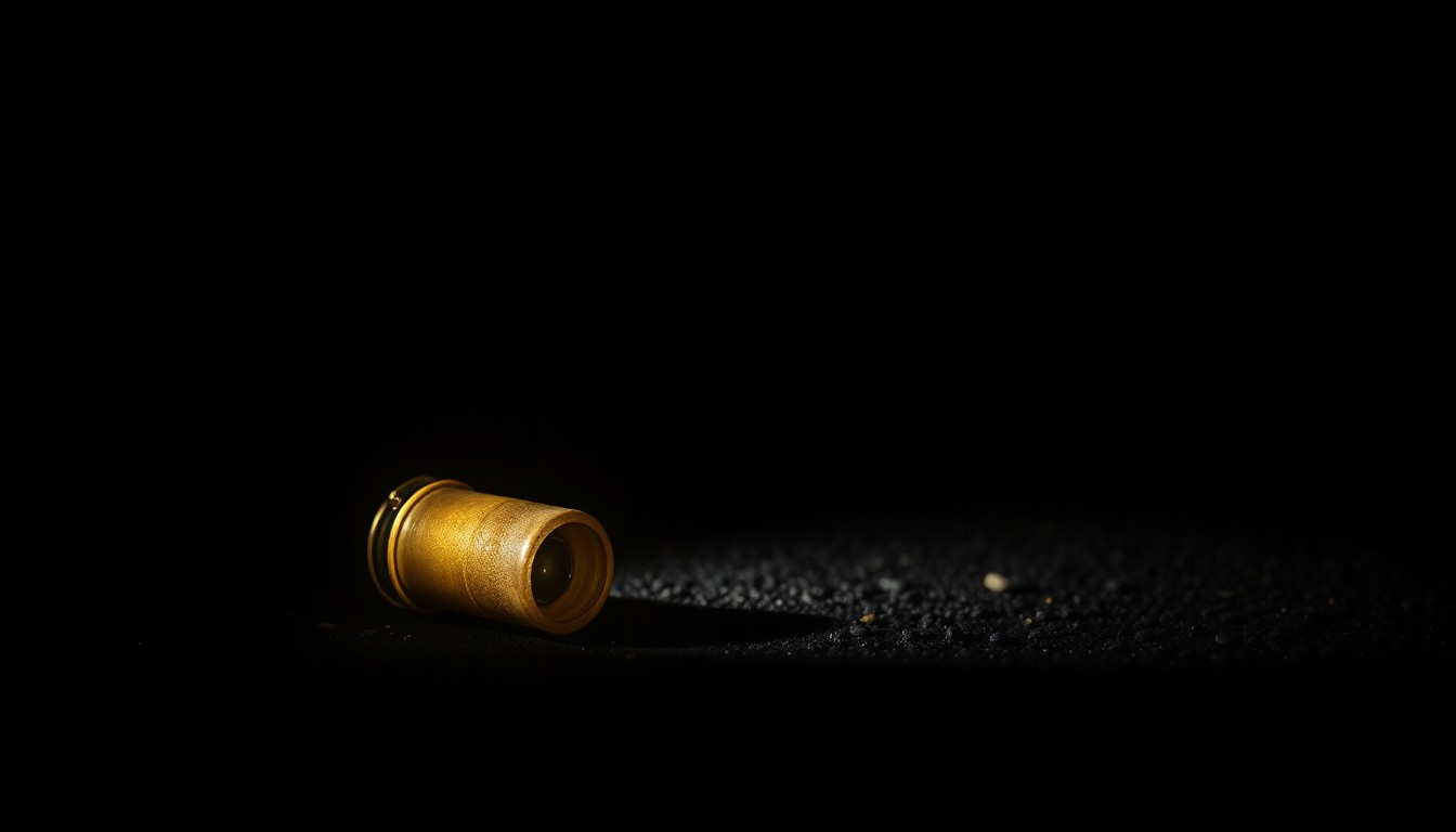 An extreme close-up photograph of a spent shell casing on the ground, lit by a harsh, direct camera flash against a pitch-black background, conveying the stark, gritty aftermath of a violent incident.