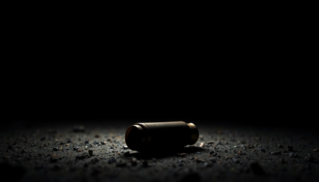 An extreme close-up photograph of a spent shell casing on the ground, conveying the stark, gritty aftermath of a shooting incident through dramatic lighting and texture.