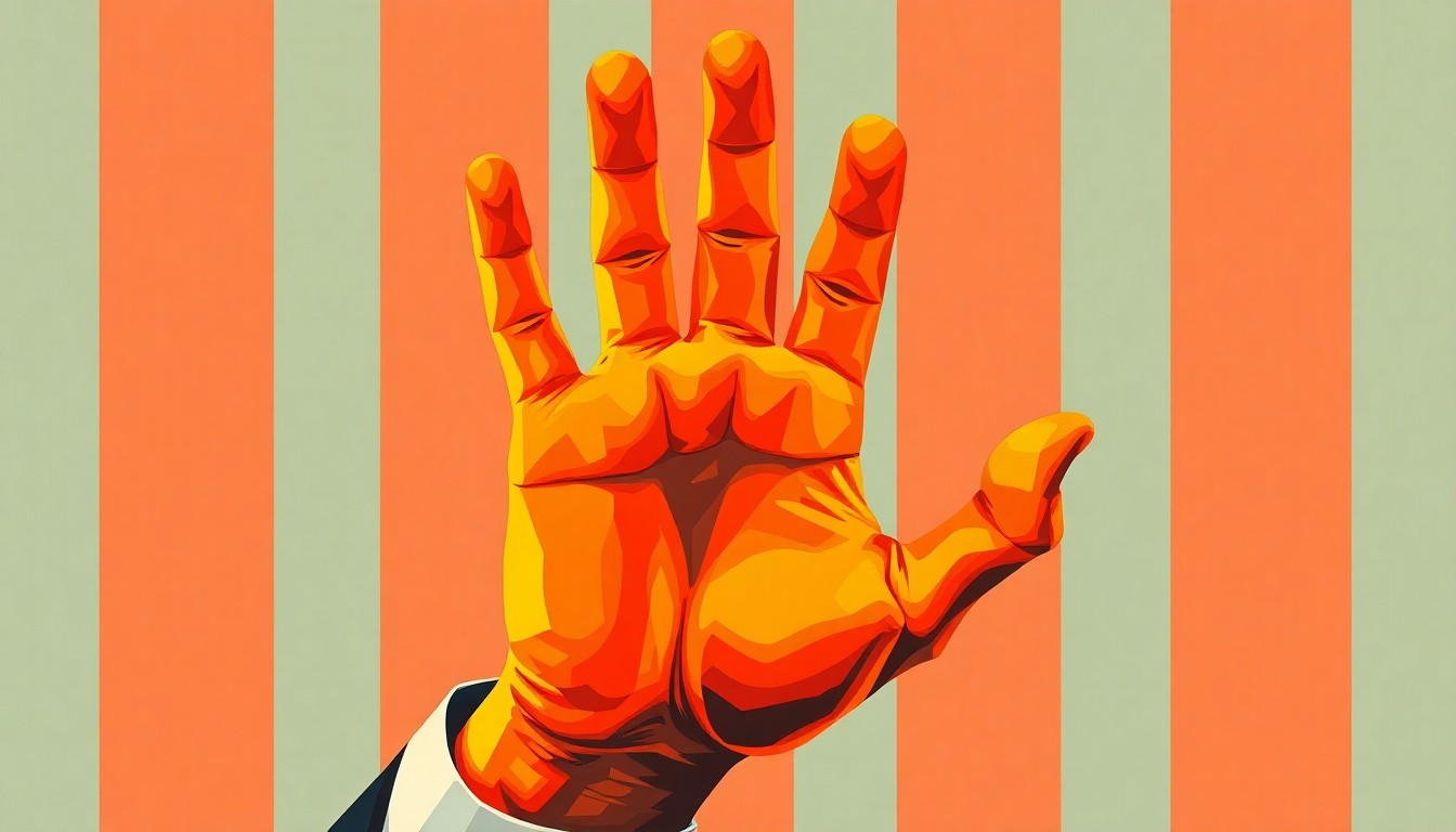 A dynamic, abstract painting featuring a distorted hand reaching out, the fingers repeated in overlapping geometric shapes in a palette of fiery reds, oranges, and yellows, conveying a sense of turbulence and unrest.