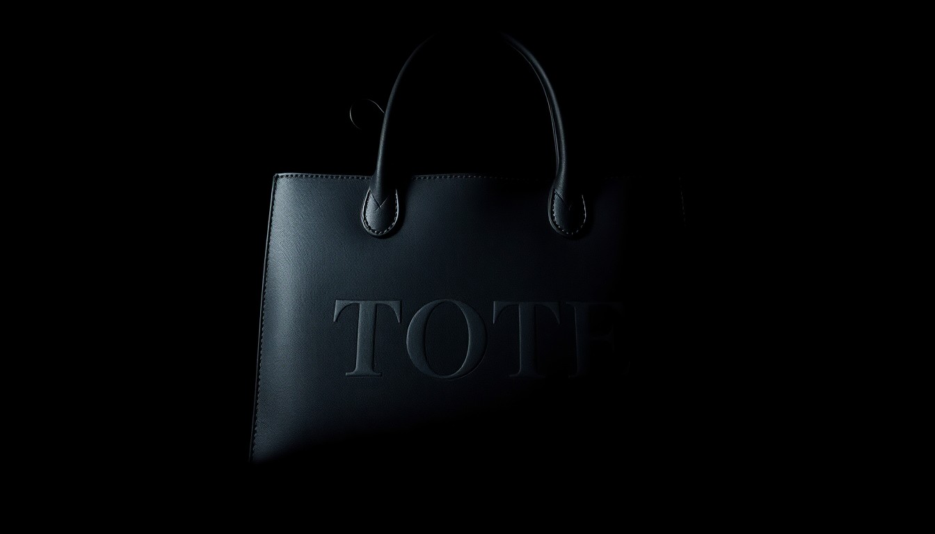 An extreme close-up photograph of a black purse with the word 'TOTE' printed on it, the harsh lighting and dark background creating a stark, gritty mood that evokes the serious nature of a missing persons case.