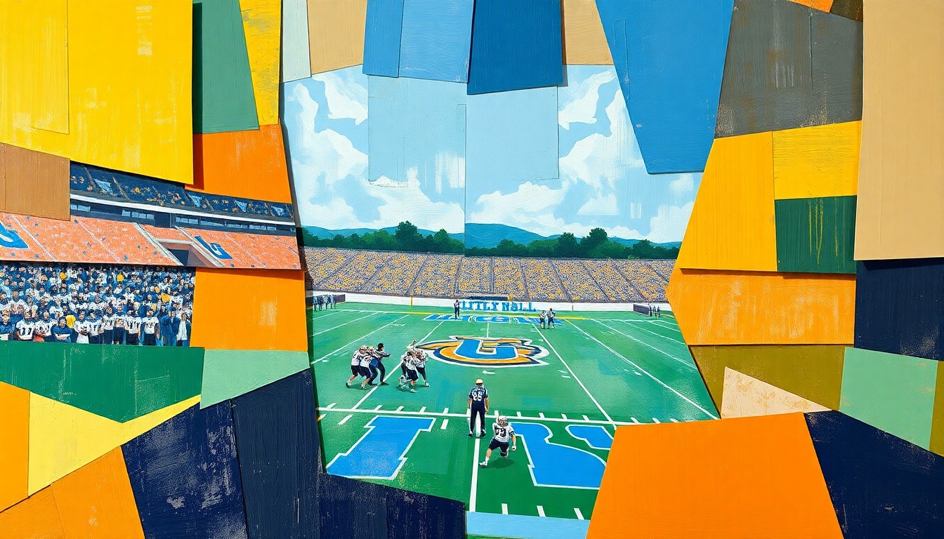 A cubist, geometric painting depicting a UCLA football practice, with players and equipment broken down into overlapping angular shapes and planes in a vibrant color palette.