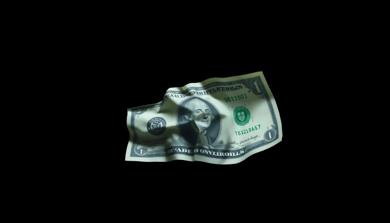 An extreme close-up photograph of a crumpled dollar bill against a pitch-black background, lit by a harsh, direct camera flash, conceptually representing the misappropriation of funds from a community fundraising campaign.