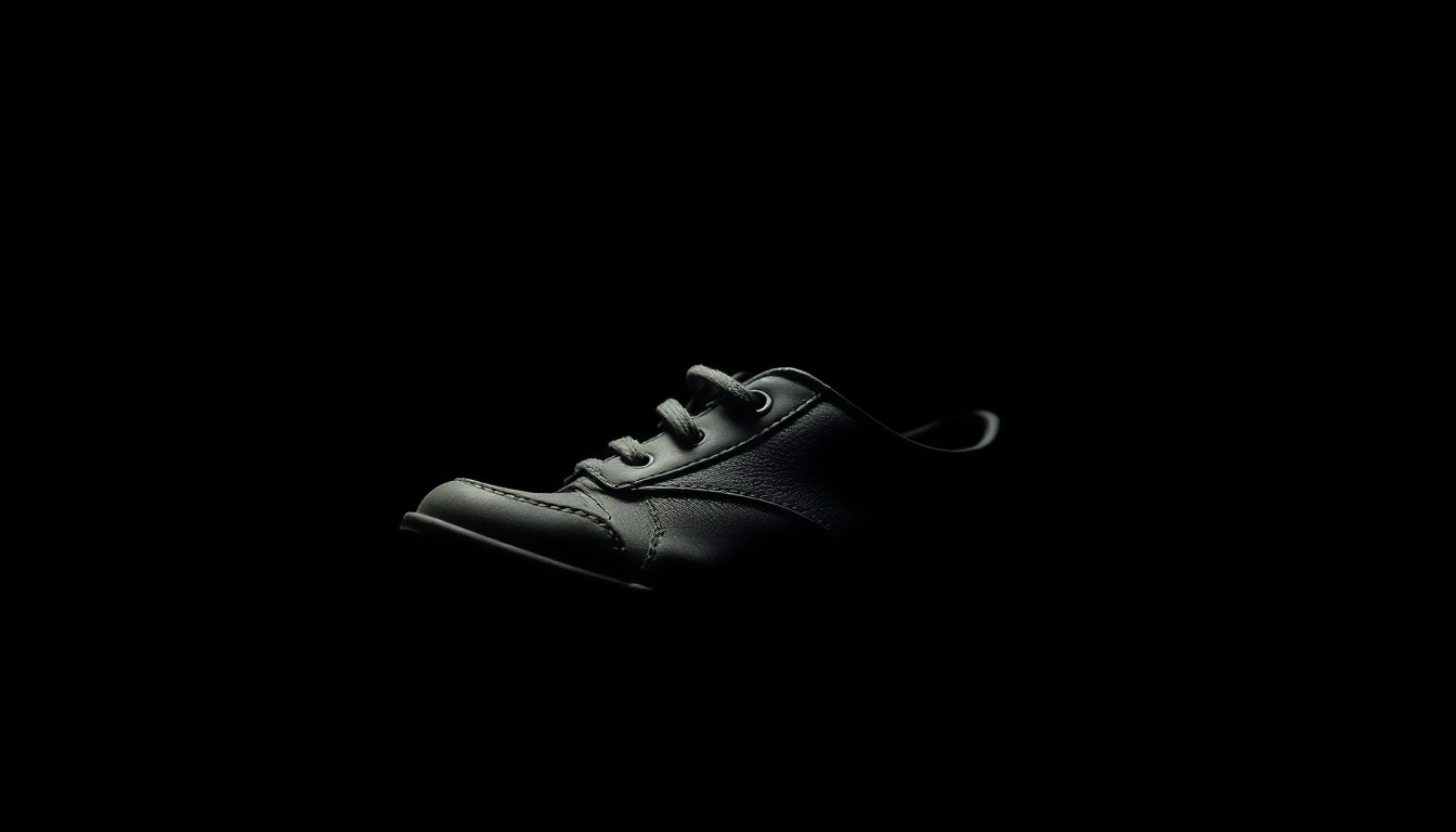 An extreme close-up photograph of a worn, scuffed child's shoe against a pitch-black background, conceptually representing the vulnerability and urgency of a missing persons case.