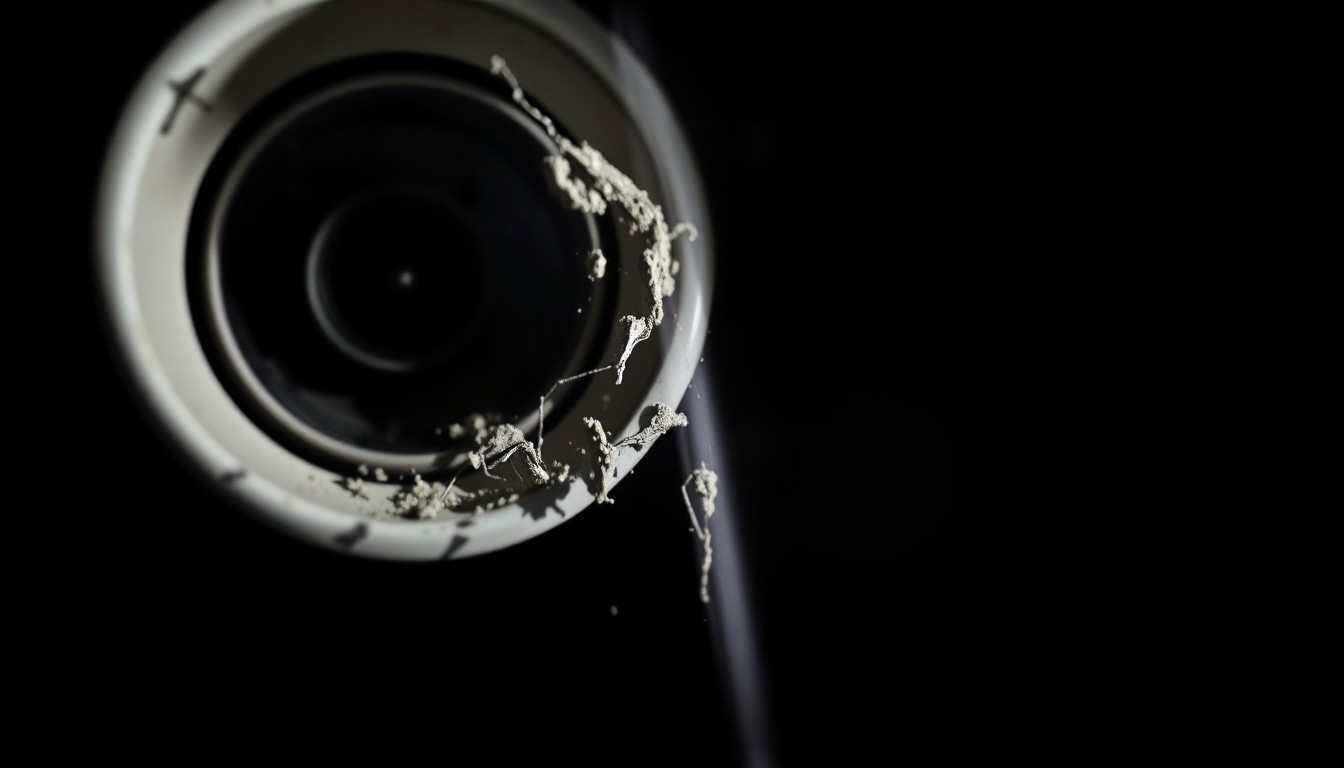 An extreme close-up photograph of a broken lock or damaged security camera, capturing the stark, gritty details of the crime scene in a way that conveys the investigative nature of the case.