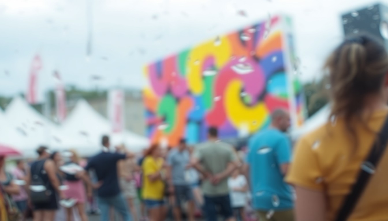 An abstract, impressionistic scene of blurred figures and shapes in a haze of warm, saturated colors, evoking the energy and atmosphere of an outdoor arts festival.