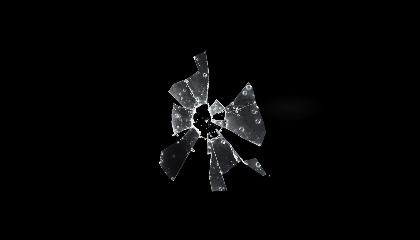 An extreme close-up photograph of broken glass or damaged property from a crime scene, lit by a harsh, direct camera flash against a pitch-black background, creating a stark, gritty, investigative aesthetic.