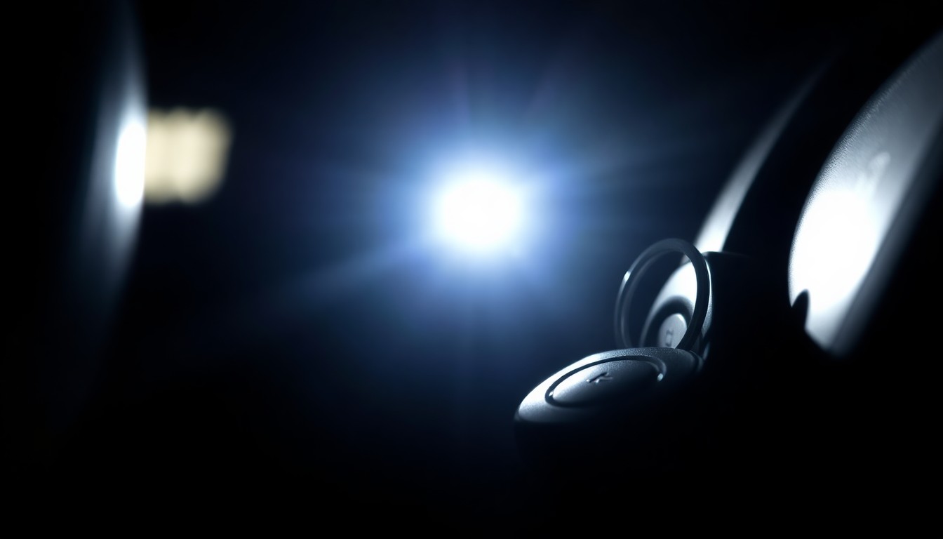 An extreme close-up of a car key and ignition switch, the metal and plastic surfaces sharply lit by a harsh camera flash against a dark background, conveying the serious, investigative nature of drunk driving incidents.