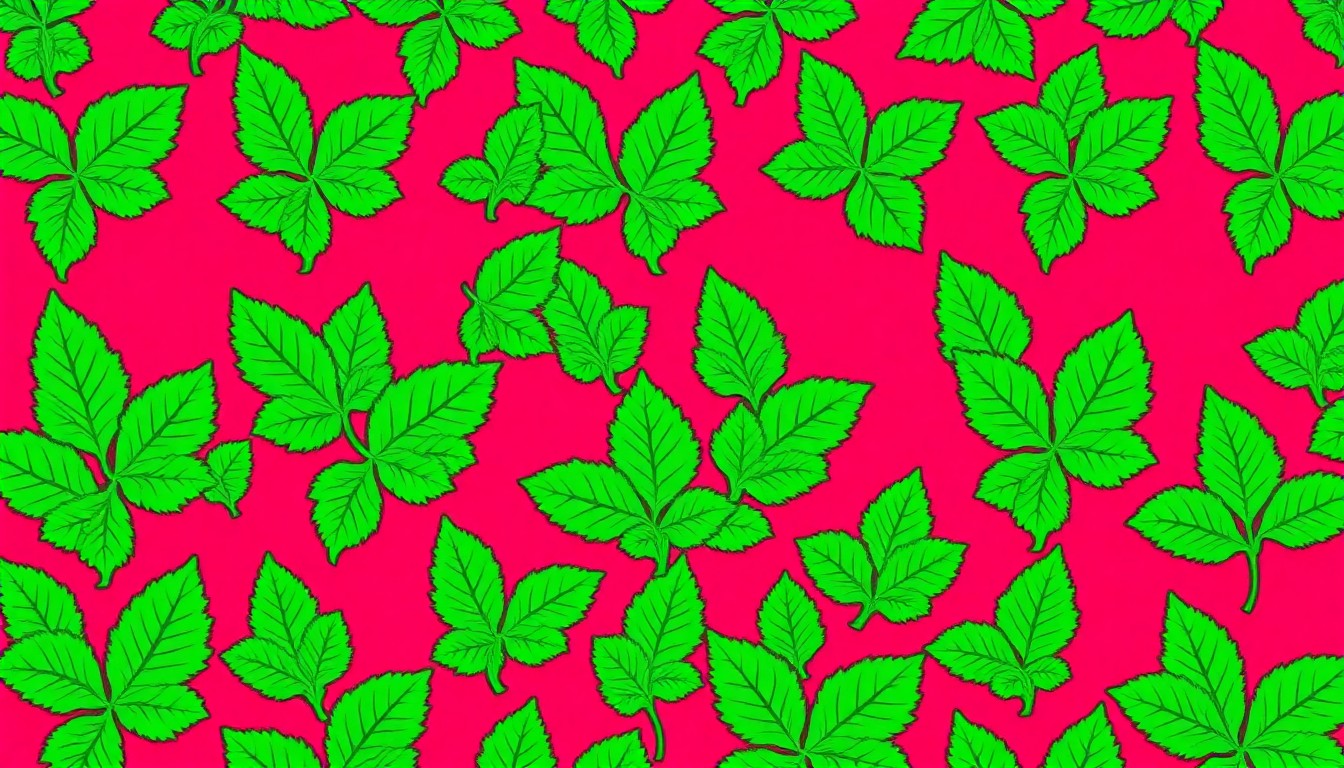A highly stylized, abstract silkscreen print featuring a single nettle leaf repeated in a grid pattern, rendered in bold, neon-like colors and heavy black outlines, conceptually representing the vibrant and versatile use of this seasonal ingredient in local cuisine.