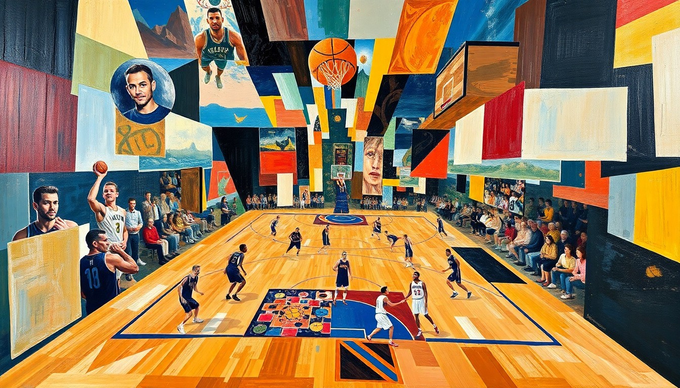 A fragmented, geometric painting depicting a basketball game or match, with sharp, overlapping planes of color and form representing the complex dynamics between a star player and his team.