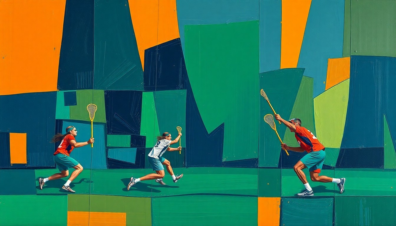 A fractured, cubist-style painting depicting the geometric shapes and movements of a lacrosse game, rendered in a palette of navy, green, and orange, conceptually representing the repurposing of a vacant commercial space into a private sports facility.