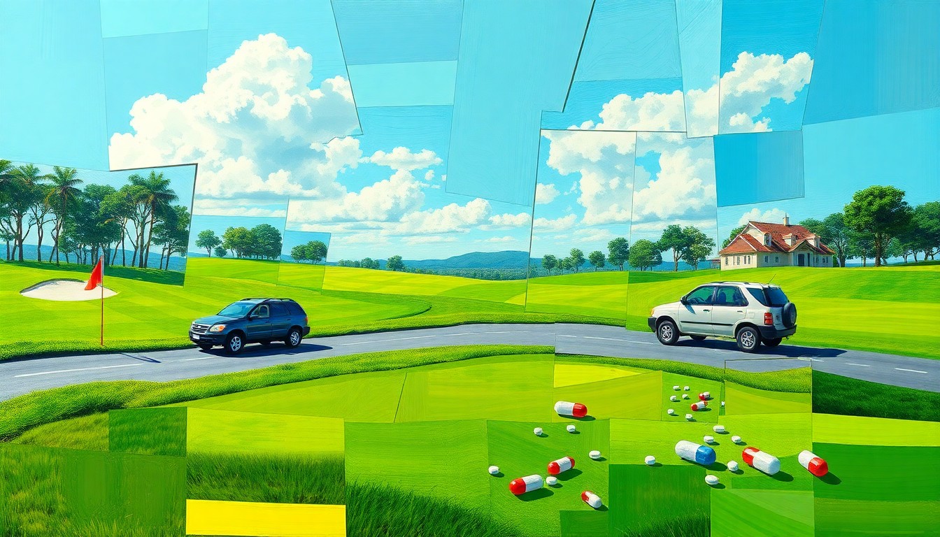 A cubist, geometric painting depicting a crashed SUV on a winding road, with scattered prescription pill bottles in the foreground, conceptually representing the legal tensions in Tiger Woods' DUI case.