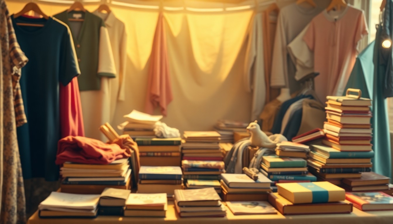 An abstract, impressionistic photograph of a table covered in an assortment of rummage sale items, with the details obscured in a soft, dreamy blur of warm colors and gentle light.